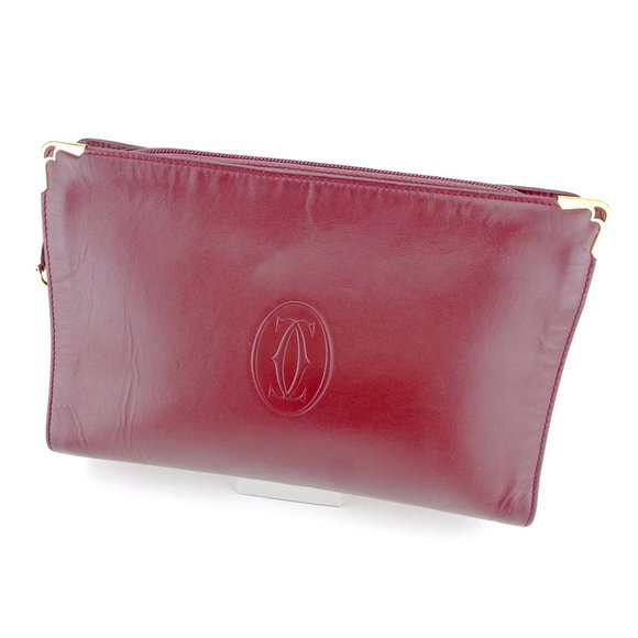 CARTIER Must Line Shoulder Bag Leather Bordeaux Gold Auth  AUTH Cartier clutch bag mast line Bordeaux Gold Women Men